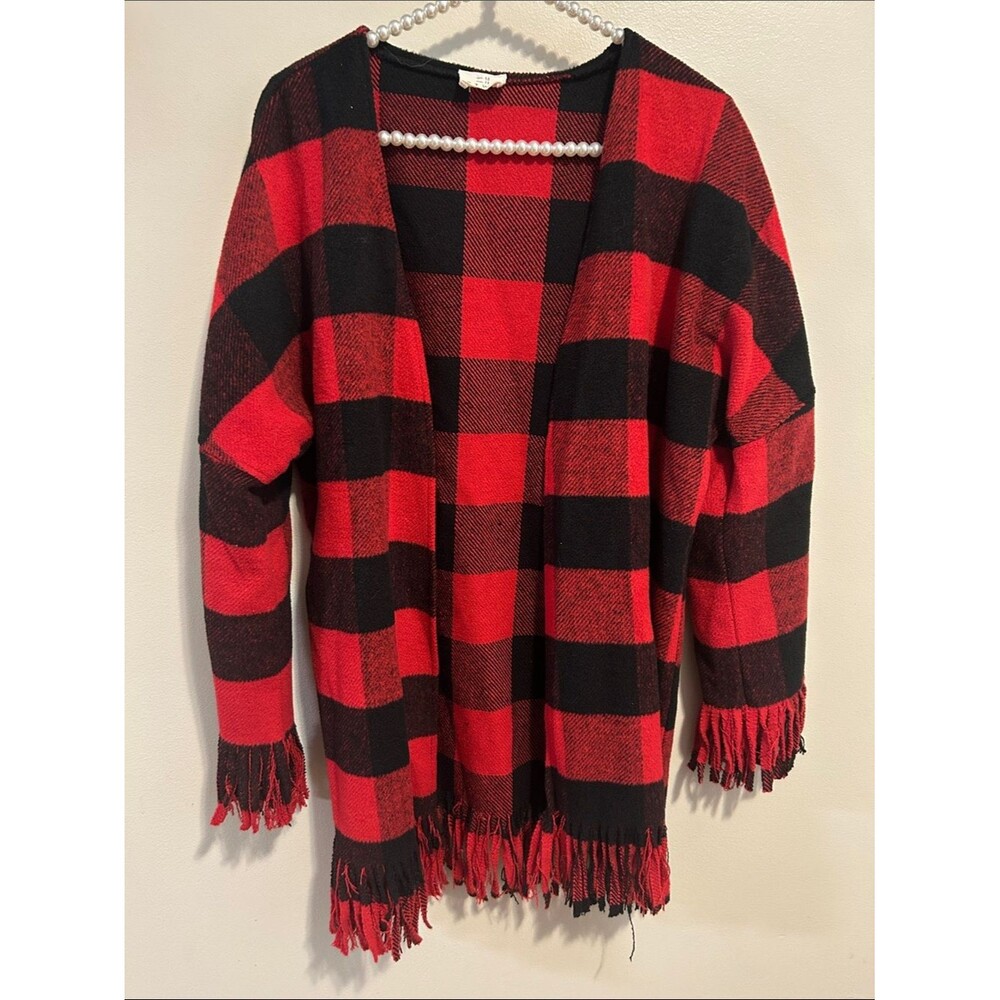 ETWO Red Buffalo Plaid Wool Blend Fringe Cardigan Sweater Open Front S